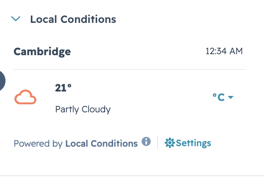 Local Conditions weather card shown on a HubSpot contact record